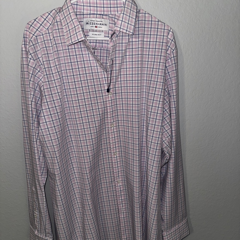 Mizzen+Main Men's Leeward Pink and Blue Plaid Trim Fit Shirt - Never Worn!